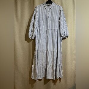 Max Studio London Striped Tiered Maxi Dress Plus Sz 1X Blue White Balloon Sleeve